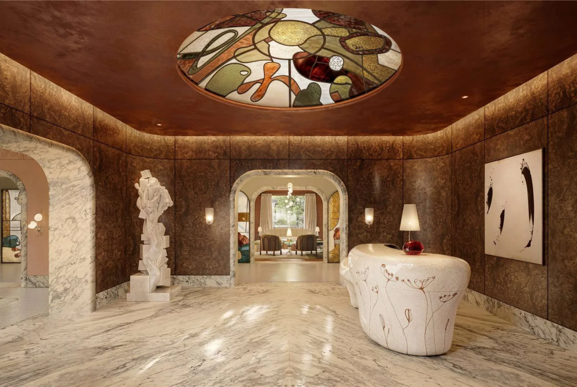 The Capston Embassy Gardens Nine Elms Sw11 London Grand Lobby Stained Glass Dome Marble Floor Sculpture