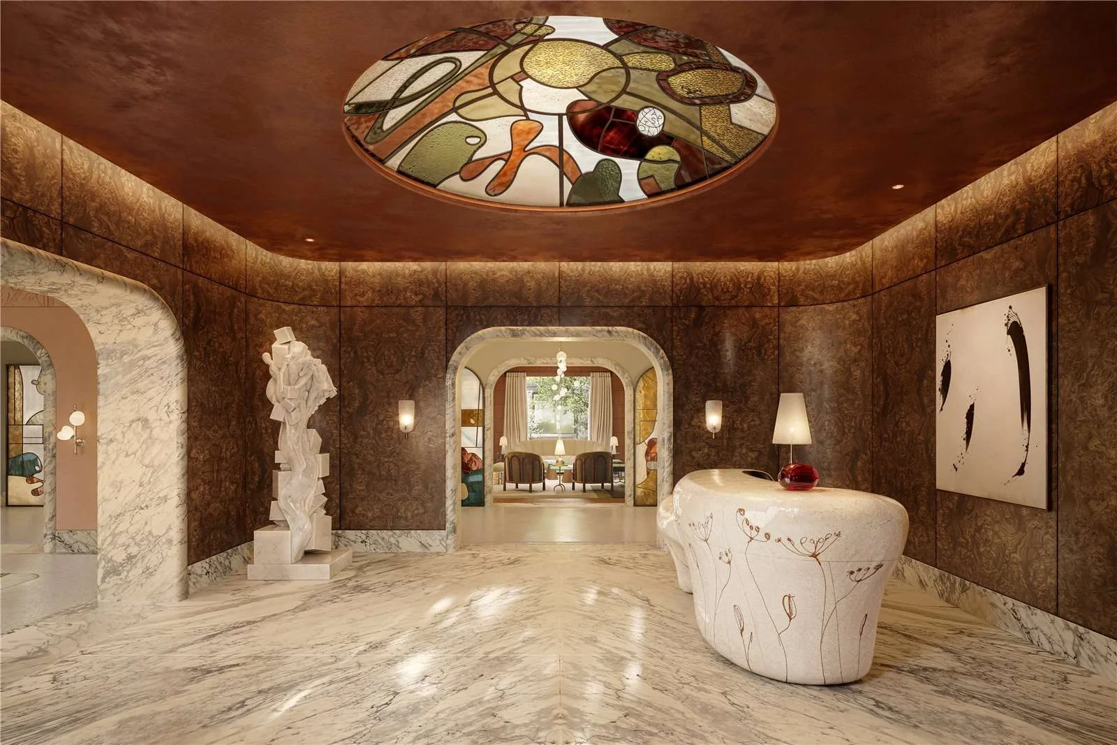 The Capston Embassy Gardens Nine Elms Sw11 London Grand Lobby Stained Glass Dome Marble Floor Sculpture