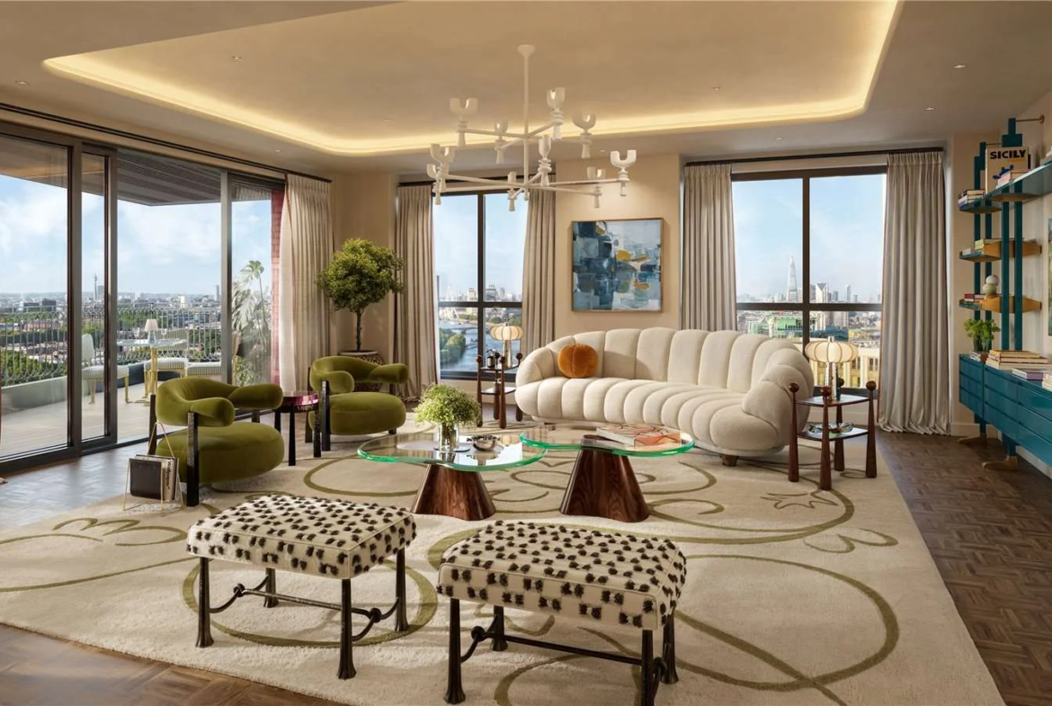 The Capston Embassy Gardens Nine Elms Sw11 London Luxury Living Room Panoramic Thames View Bespoke Furniture