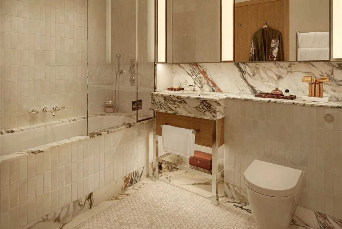 The Capston Embassy Gardens Nine Elms Sw11 London Master Bathroom Calacatta Marble Bathtub Chrome Fittings
