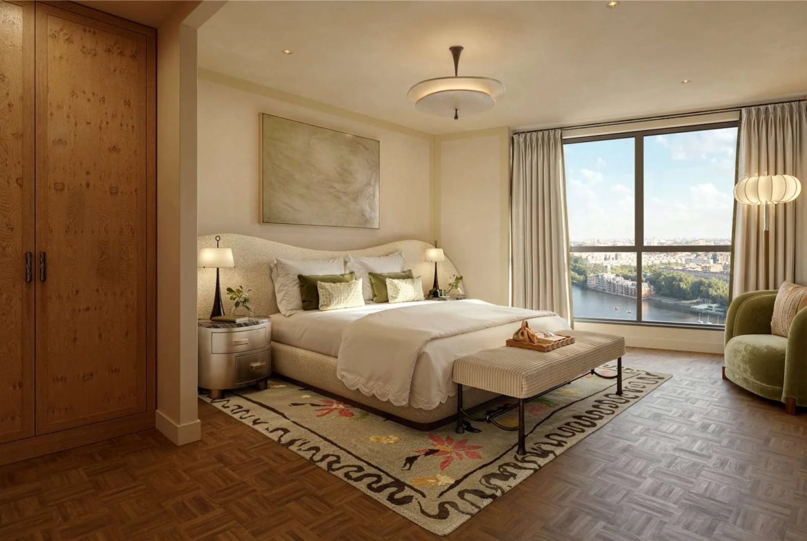 The Capston Embassy Gardens Nine Elms Sw11 London Master Bedroom River Thames View Bespoke Wardrobe
