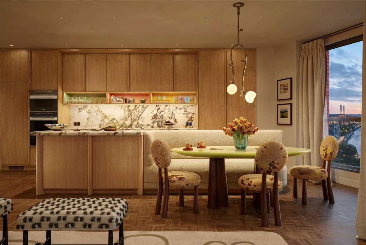 The Capston Embassy Gardens Nine Elms Sw11 London Open Plan Kitchen Dining Marble Island Bespoke Banquette Seating