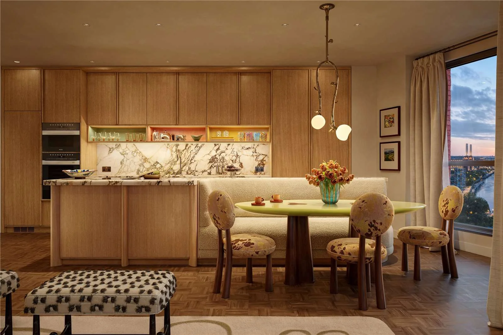 The Capston Embassy Gardens Nine Elms Sw11 London Open Plan Kitchen Dining Marble Island Bespoke Banquette Seating