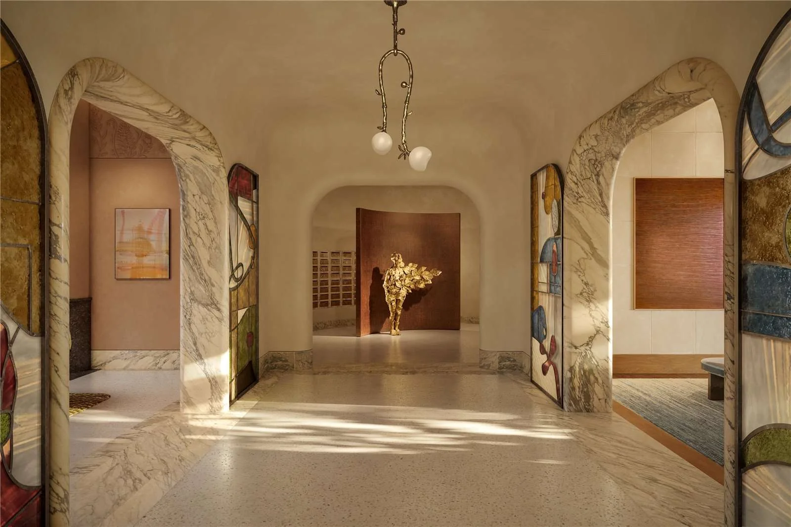 The Capston Embassy Gardens Nine Elms Sw11 London Residents Lobby Marble Arches Stained Glass Gold Sculpture