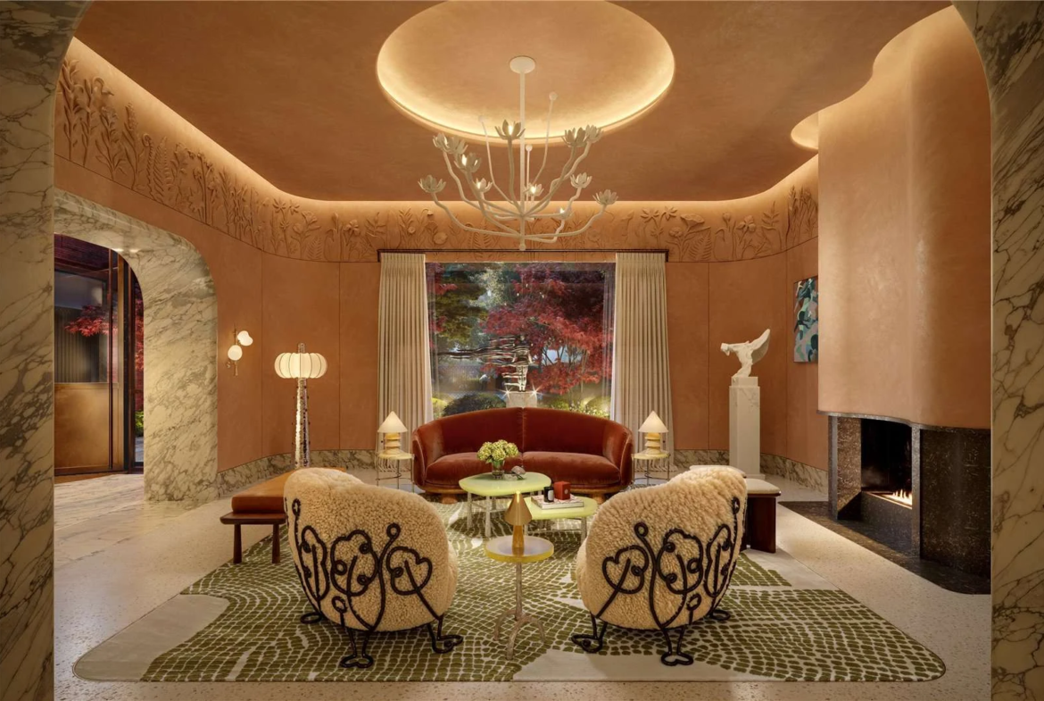 The Capston Embassy Gardens Nine Elms Sw11 London Residents Lounge Fireplace Flower Chandelier Marble Arches Bespoke Armch...