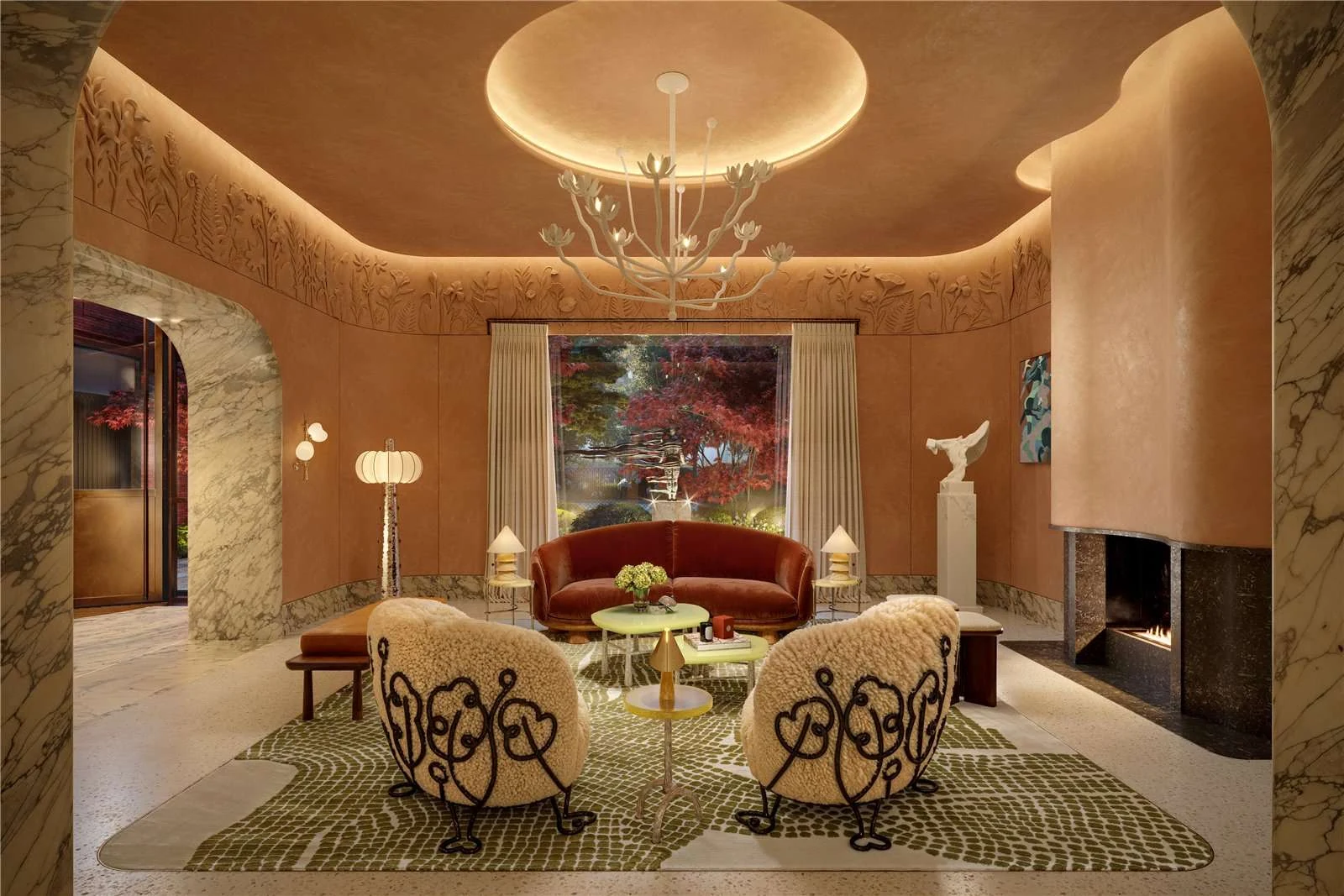 The Capston Embassy Gardens Nine Elms Sw11 London Residents Lounge Fireplace Flower Chandelier Marble Arches Bespoke Armch...