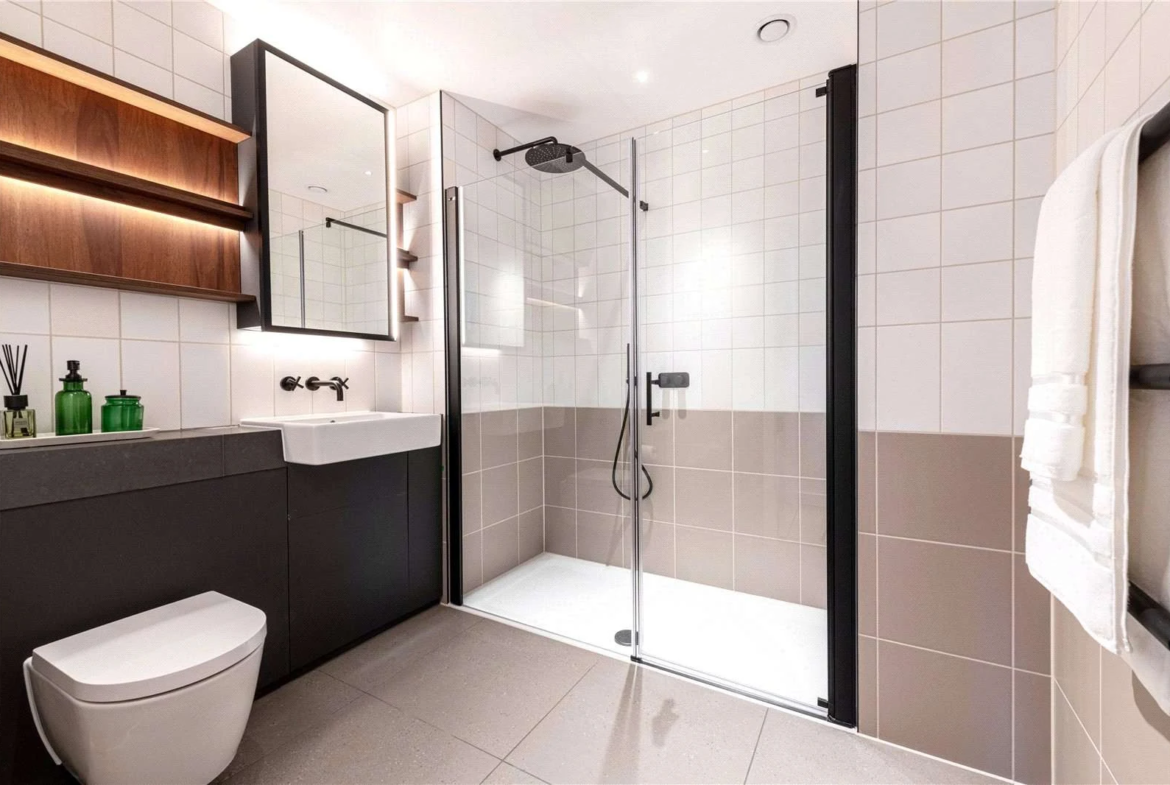 The Founding Canada Water London Se16 Bathroom Rain Shower Matte Black Fixtures Walnut Shelving