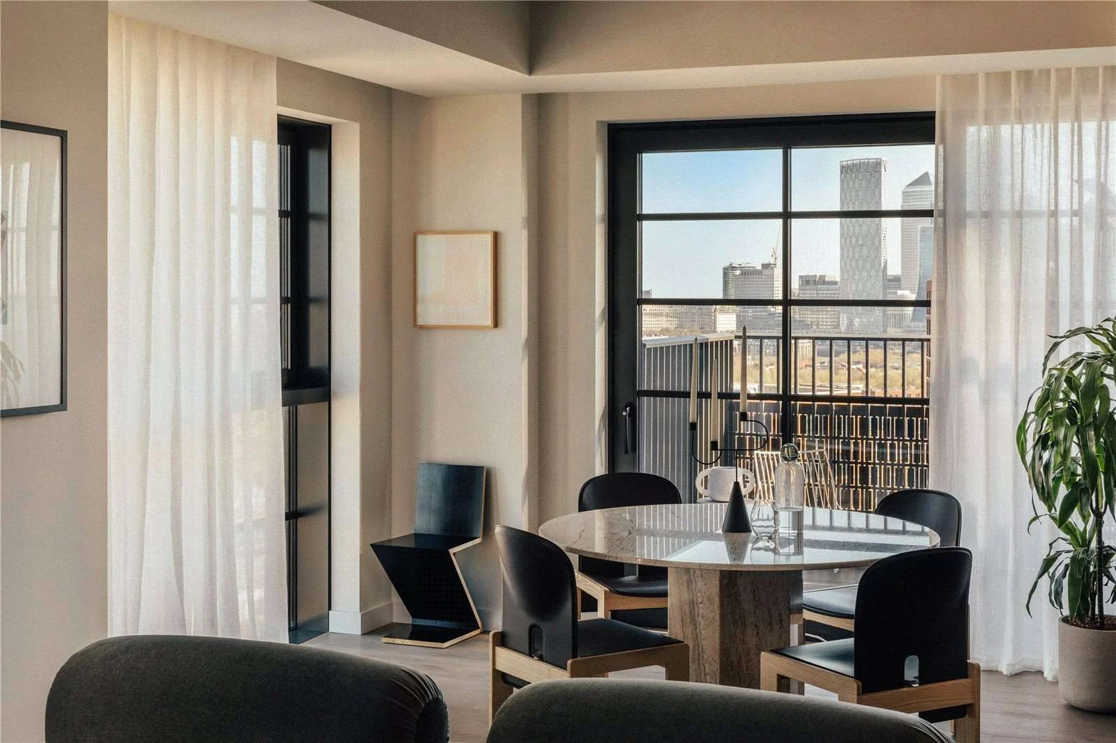 The Founding Canada Water London Se16 Dining Area Balcony Canary Wharf Skyline View
