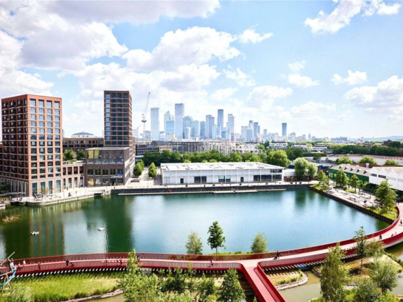 The Founding Canada Water London Se16 Dock Waterside Aerial Canary Wharf Skyline View