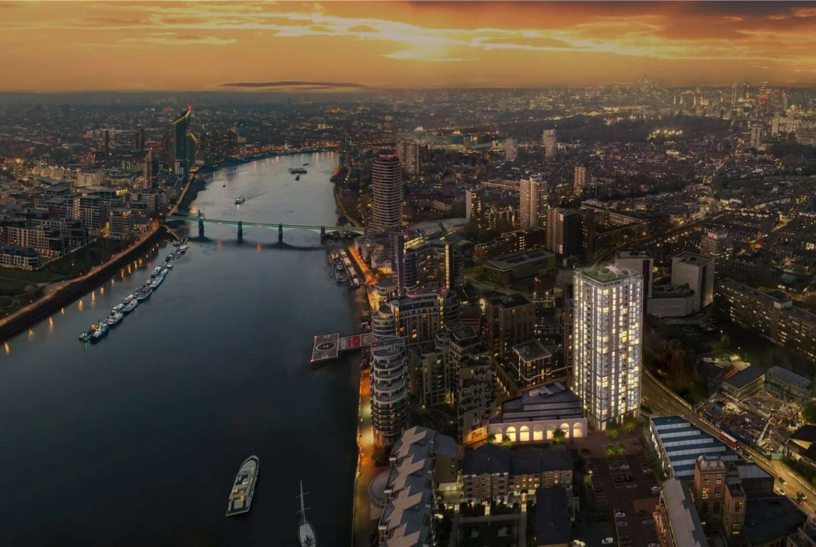 The Hilight 100 York Road Battersea Sw11 London Aerial View Thames River Location Development Luxury Tower Night Cityscape