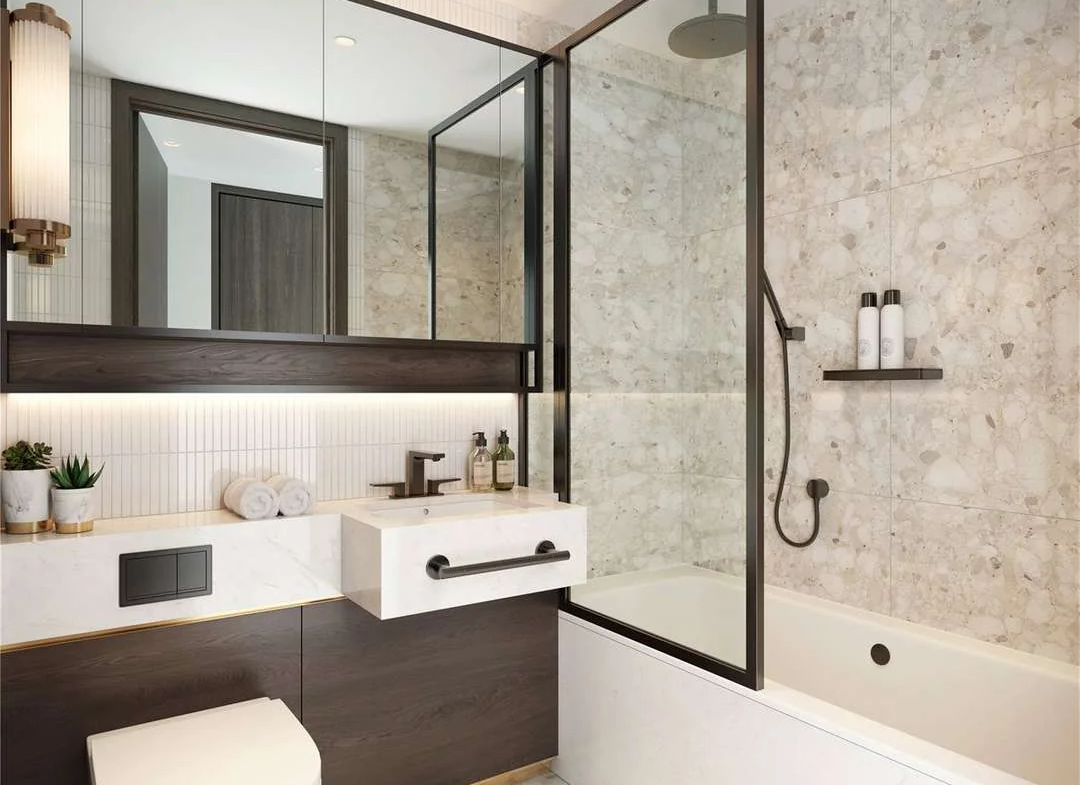 The Hilight 100 York Road Battersea Sw11 London Ensuite Bathroom Terrazzo Tiles Stone Vanity Matte Black Fittings Rainfall...
