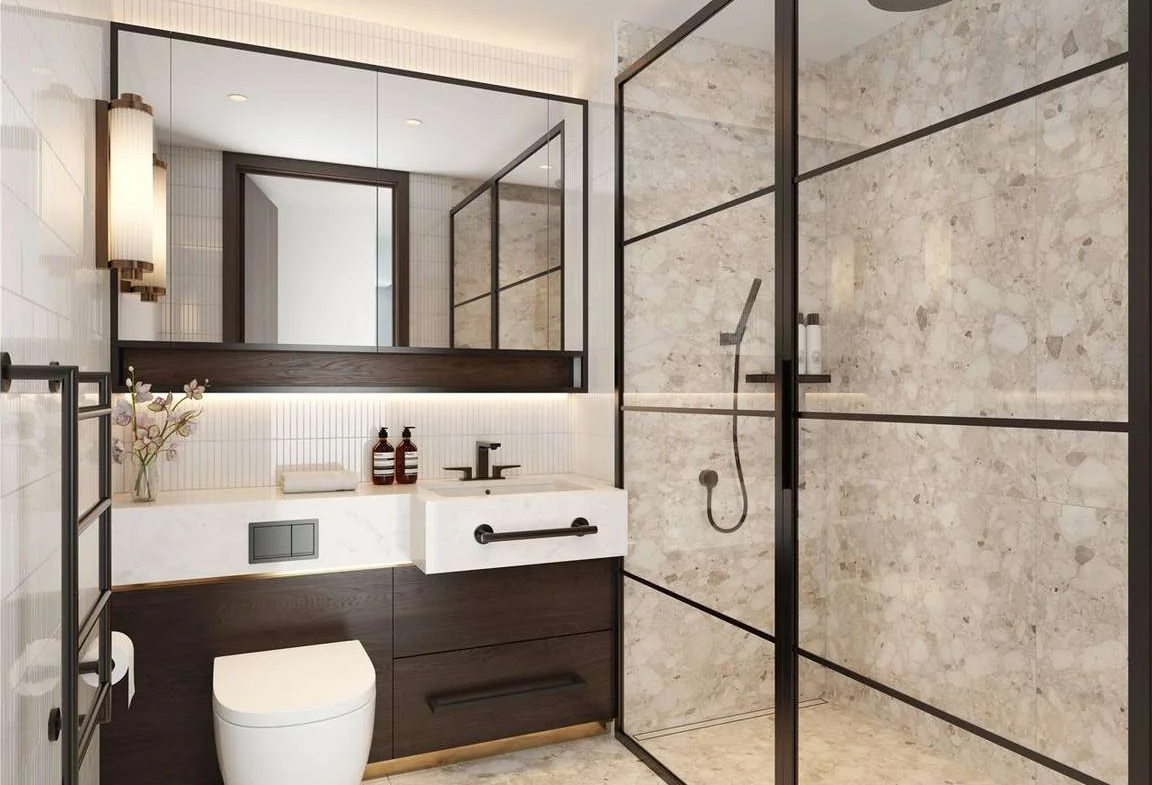The Hilight 100 York Road Battersea Sw11 London Second Bathroom Terrazzo Tiles Walk In Rainfall Shower Matte Black Fitting...