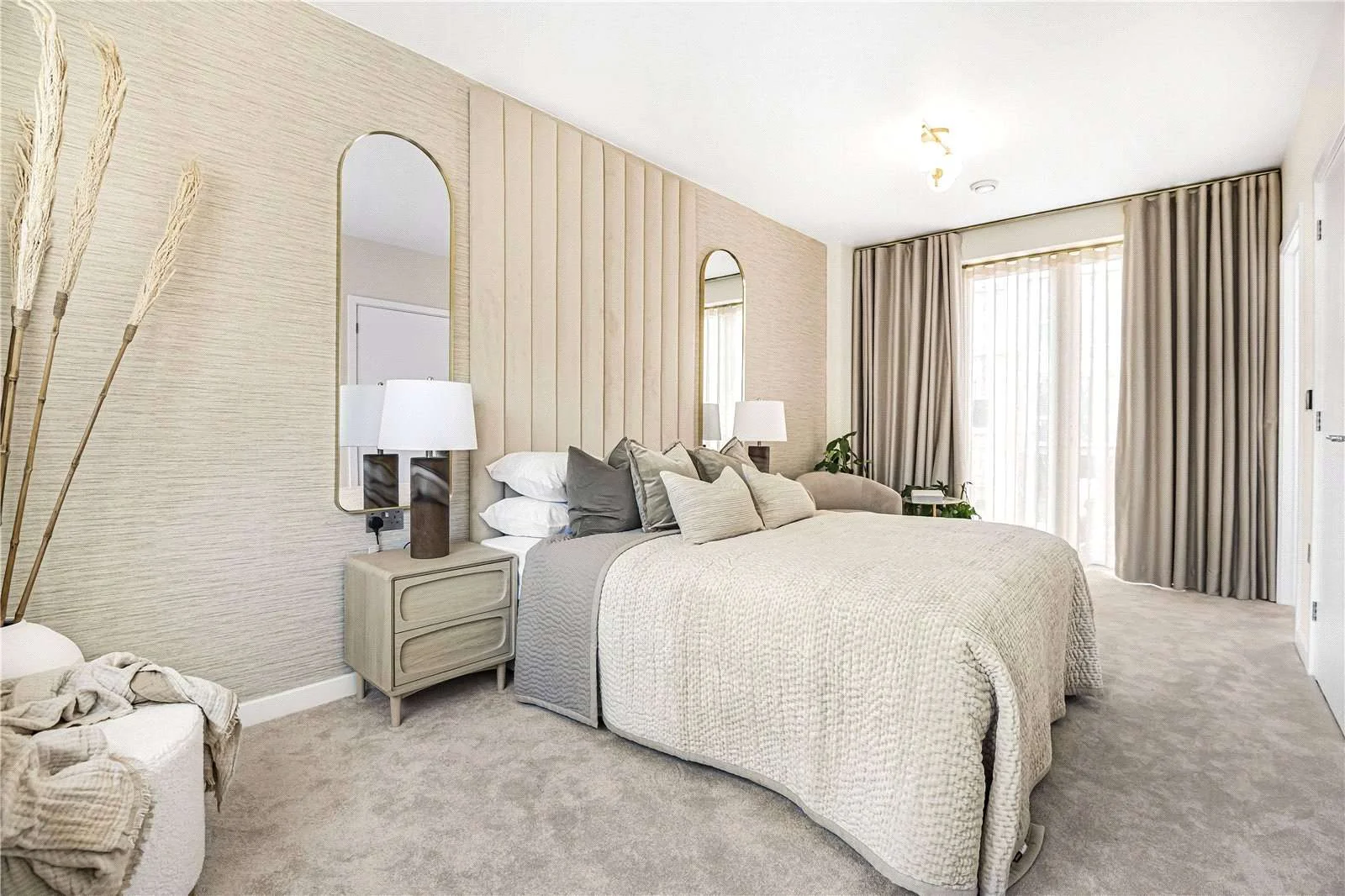 The Warwick Ealing W5 5pt London Master Bedroom Gold Arched Mirrors Upholstered Headboard Panel Feature Wall Balcony