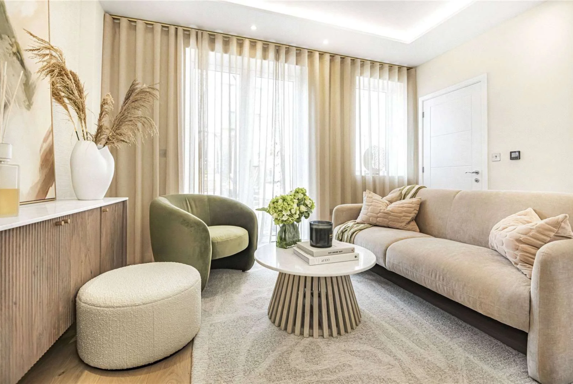 The Warwick Ealing W5 5pt London Open Plan Living Room Green Accent Chair Beige Sofa Balcony Access Development