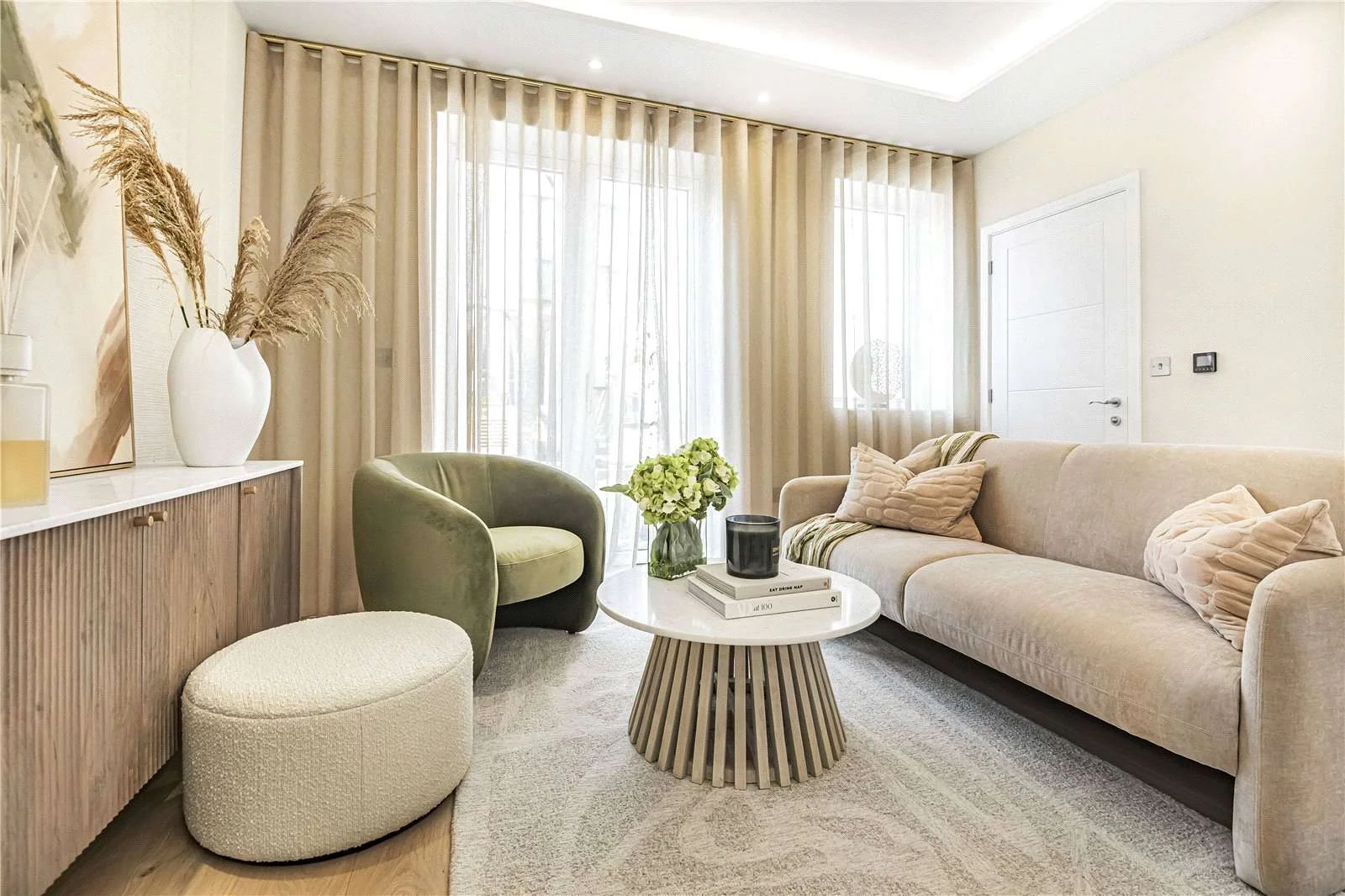 The Warwick Ealing W5 5pt London Open Plan Living Room Green Accent Chair Beige Sofa Balcony Access Development