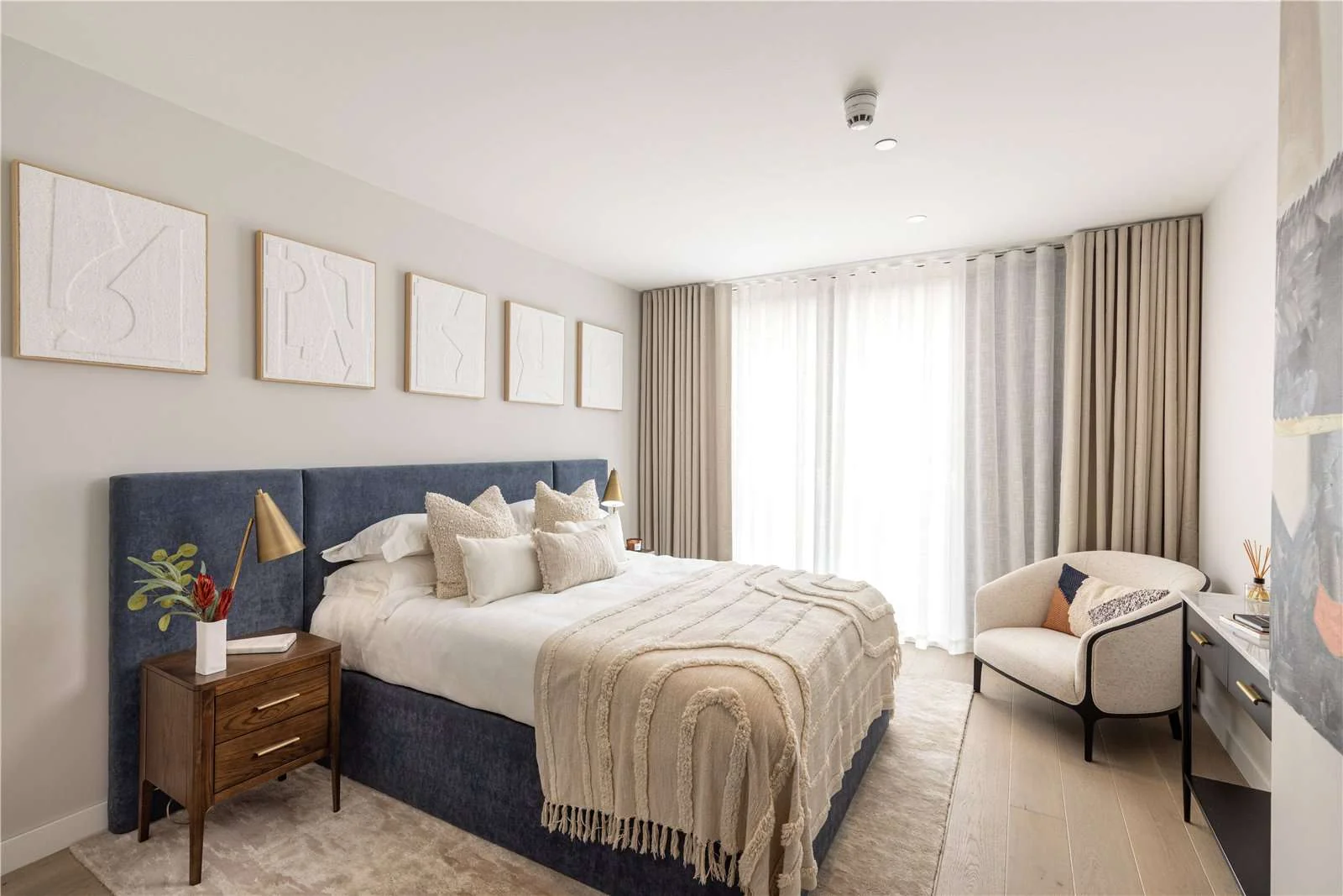 Triptych Bankside Eastern Building Se1 London Bedroom Blue Velvet Headboard Gold Lamps Luxury Interiors