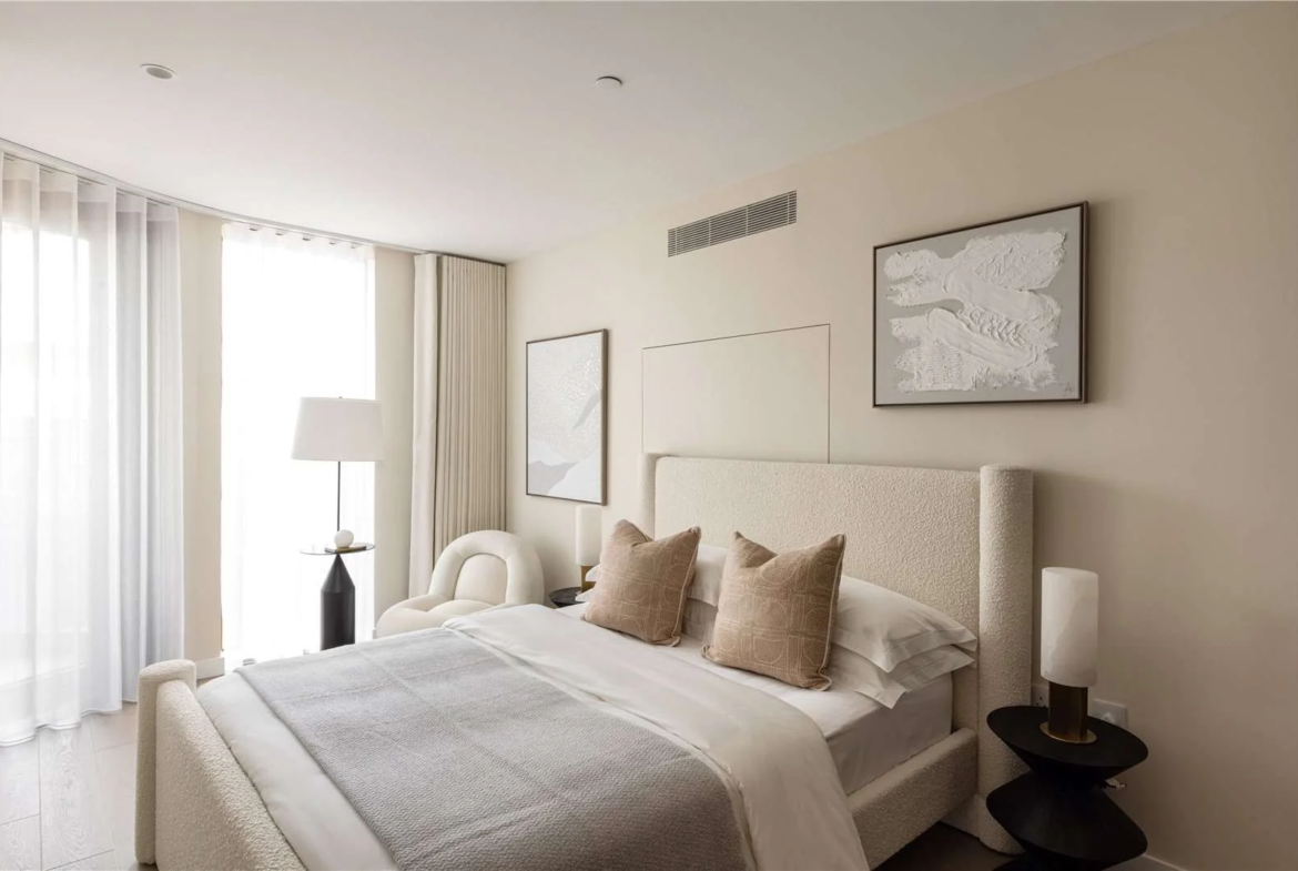 Triptych Bankside Eastern Building Se1 London Bedroom Cream Bouclé Headboard Luxury Interiors