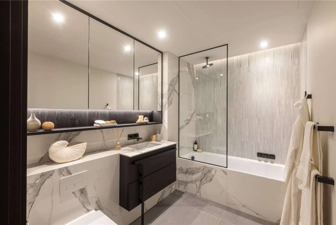 Triptych Bankside Eastern Building Se1 London Family Bathroom Marble Bath Overhead Shower Black Frame