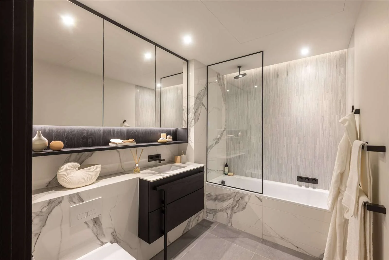 Triptych Bankside Eastern Building Se1 London Family Bathroom Marble Bath Overhead Shower Black Frame