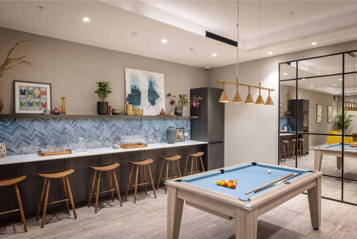 Triptych Bankside Eastern Building Se1 London Games Room Pool Table Bar Counter Blue Herringbone Tiles