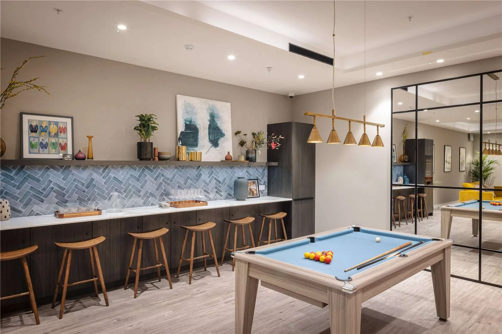 Triptych Bankside Eastern Building Se1 London Games Room Pool Table Bar Counter Blue Herringbone Tiles