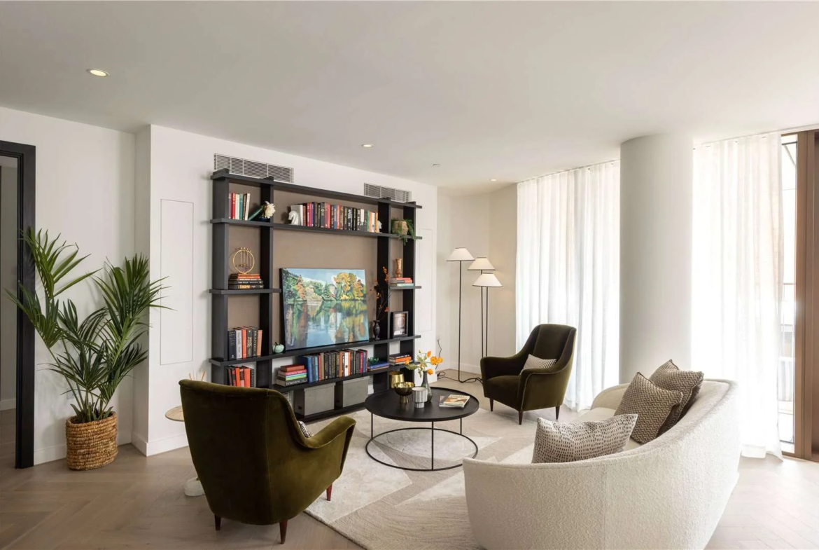 Triptych Bankside Eastern Building Se1 London Living Room Bookcase Velvet Armchairs Balcony Doors