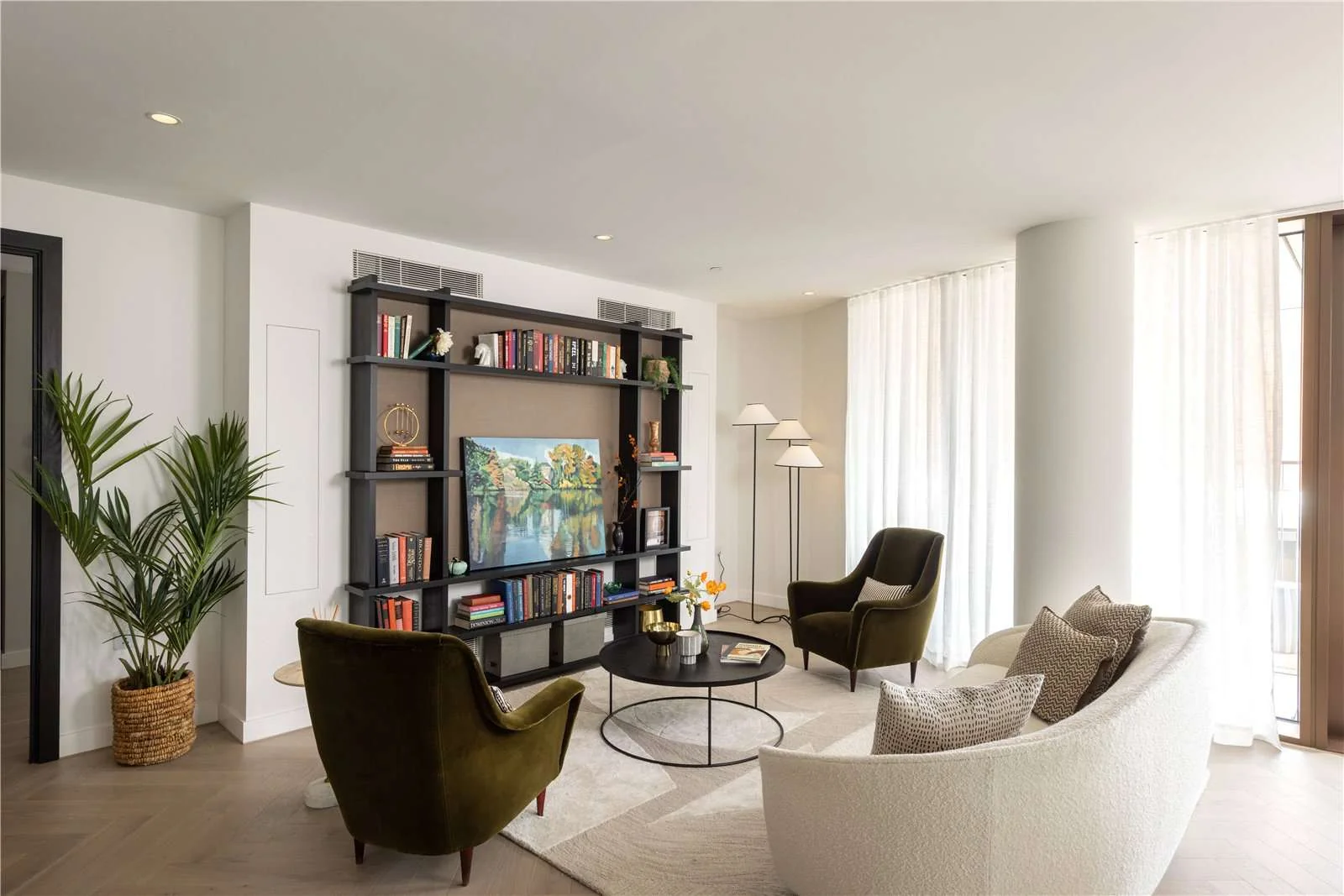 Triptych Bankside Eastern Building Se1 London Living Room Bookcase Velvet Armchairs Balcony Doors