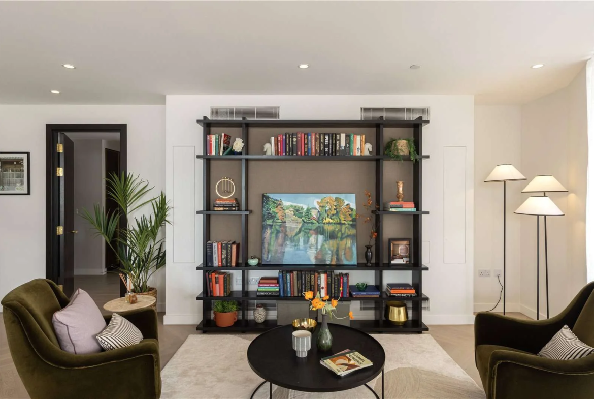 Triptych Bankside Eastern Building Se1 London Tv Wall Bookcase Living Room Green Velvet Chairs