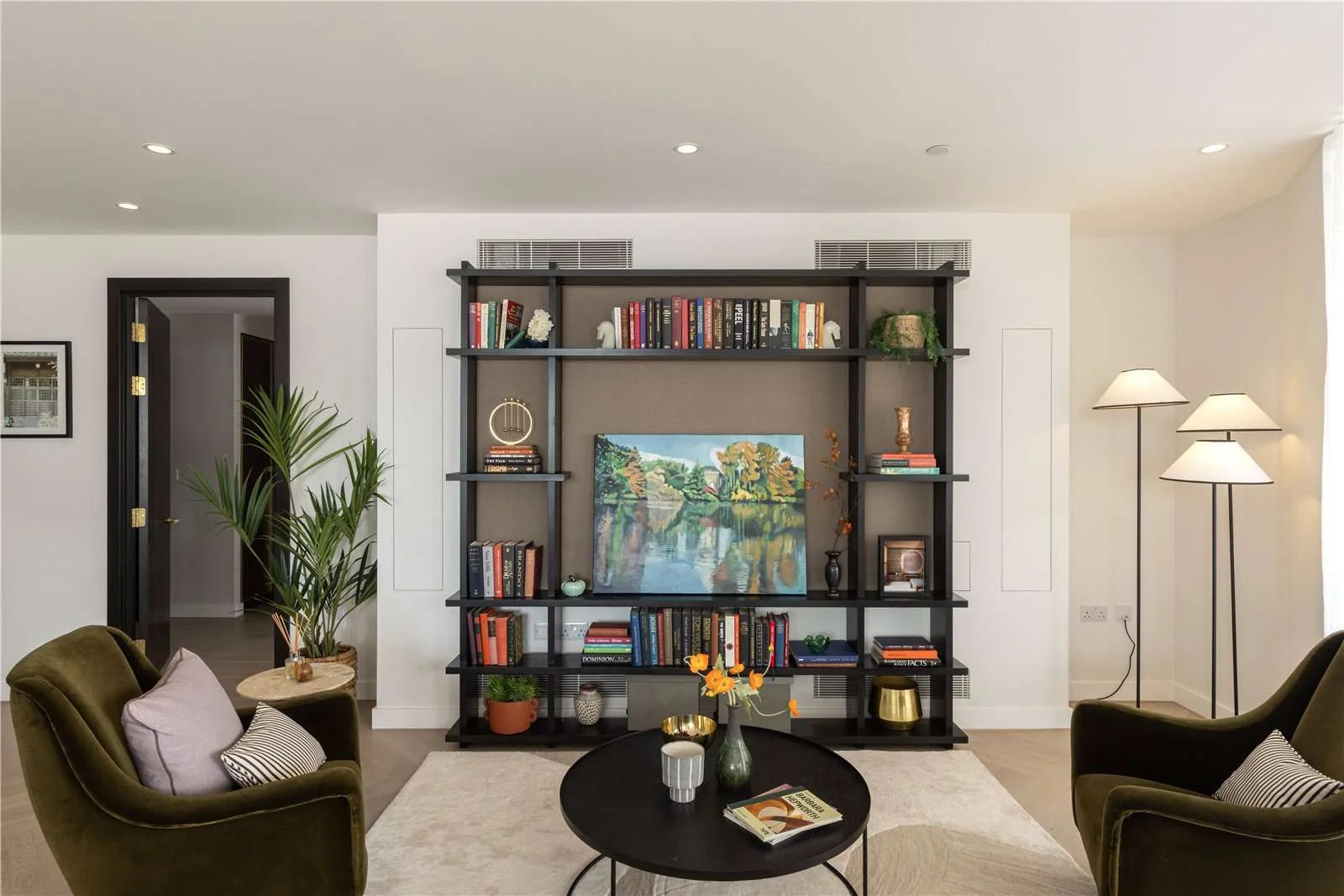 Triptych Bankside Eastern Building Se1 London Tv Wall Bookcase Living Room Green Velvet Chairs