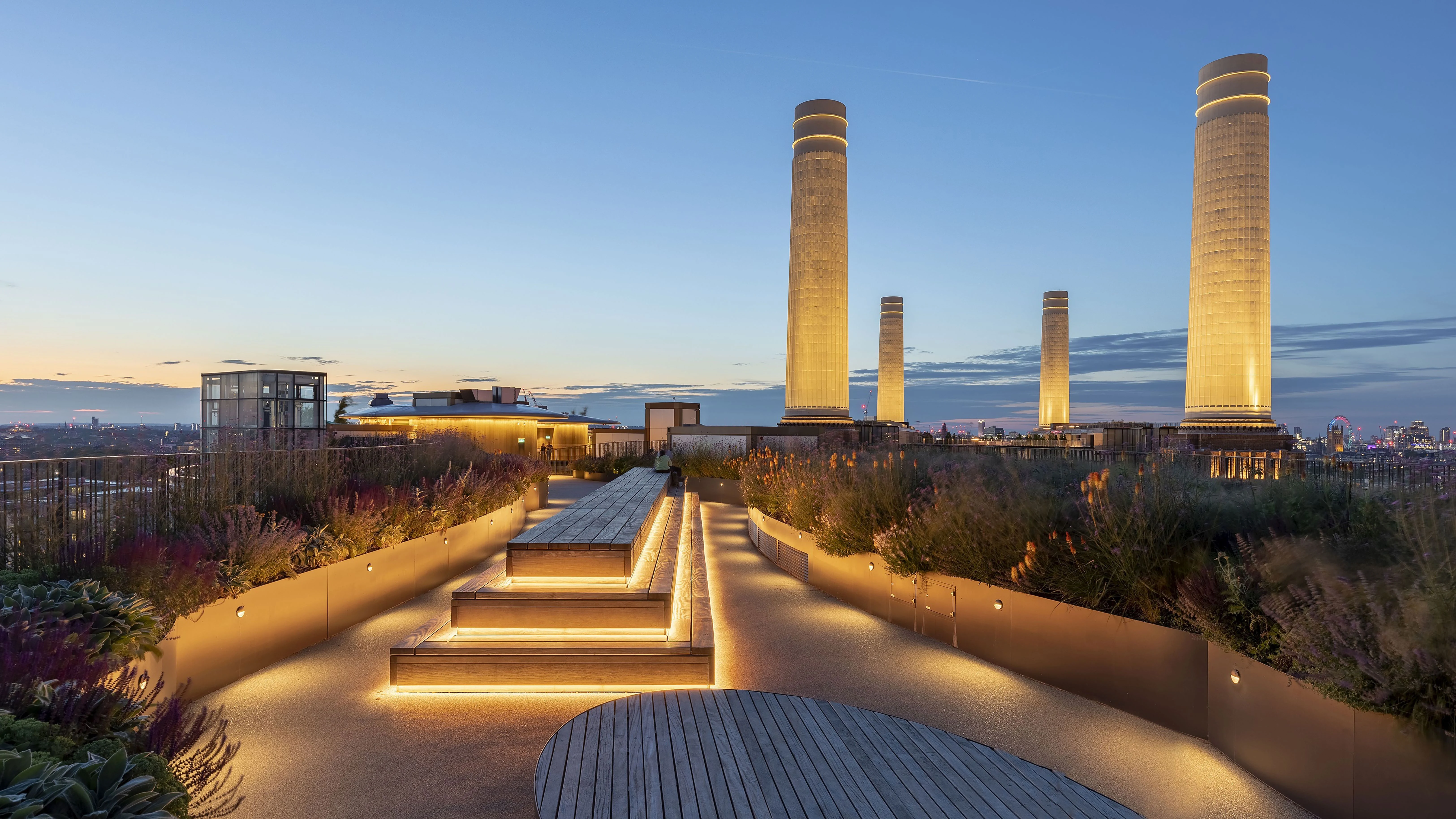 Battersea Power Station Roof Gardens Chimneys Night View