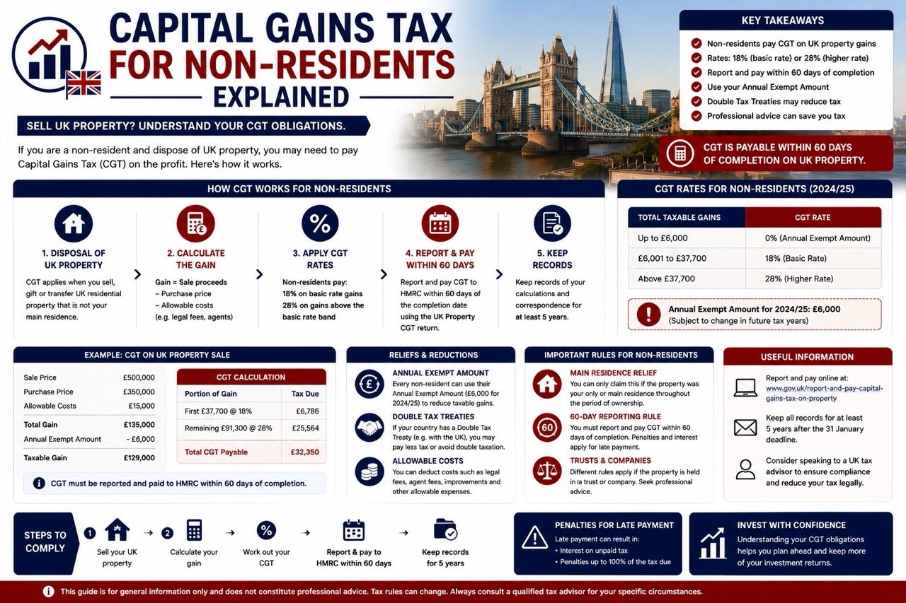Capital gains tax for non residents explained on UK property including CGT rates reporting requirements and tax calculations