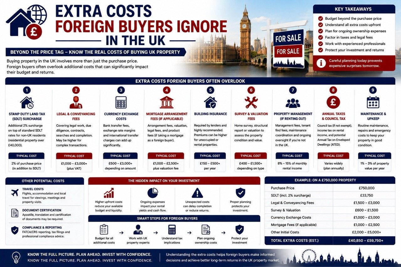 Extra costs foreign buyers ignore when purchasing UK property including stamp duty legal fees surveys currency exchange and taxes