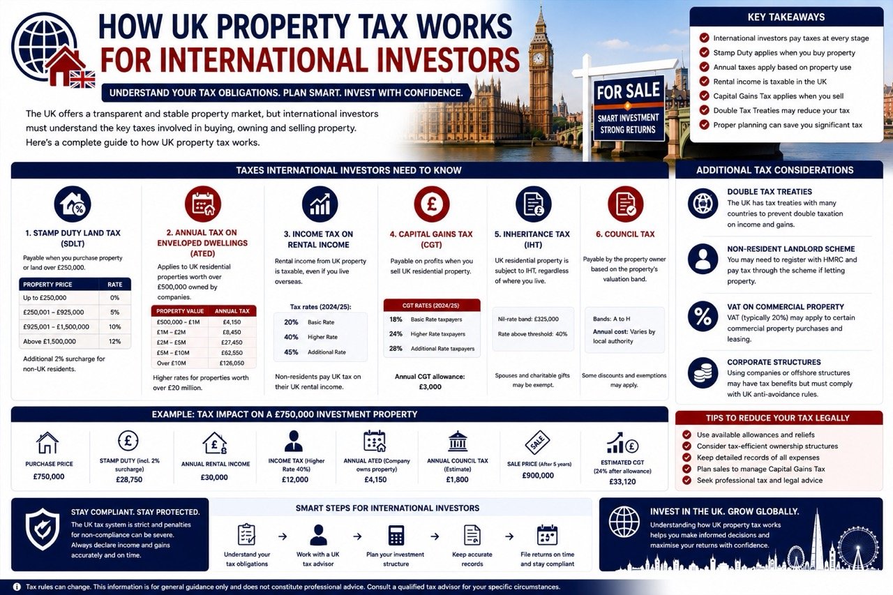How UK property tax works for international investors including stamp duty capital gains tax rental income tax and inheritance tax