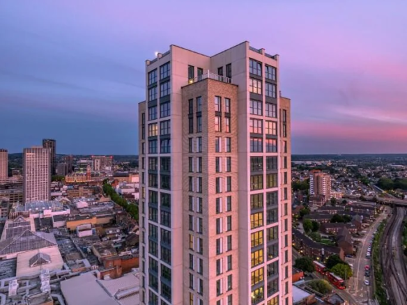 London Square Pearson Building Croydon High Rise Exterior Aerial Dusk Cr0