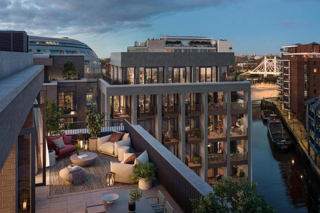 Ransomes Wharf Battersea Rooftop Terrace Thames Albert Bridge Dusk Cgi Sw11