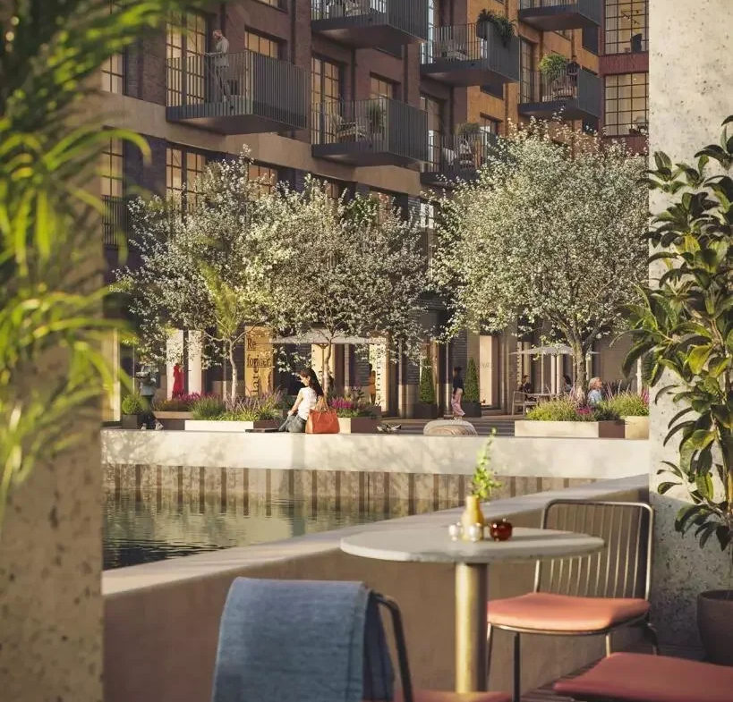 Ransomes Wharf Battersea Waterside Canal Retail Plaza Evening Cgi Sw11