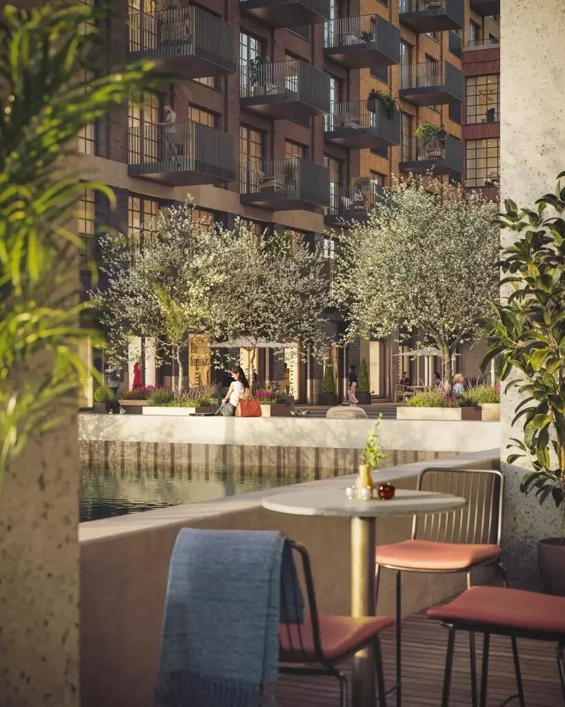 Ransomes Wharf Battersea Waterside Canal Retail Plaza Evening Cgi Sw11