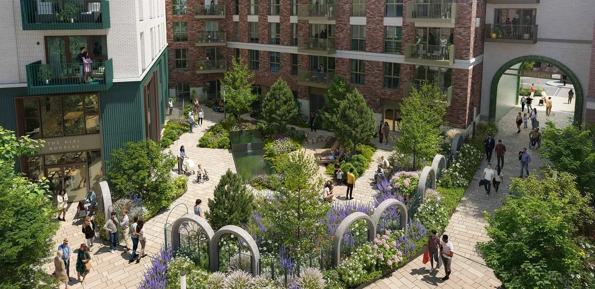 Arch & Bloom Guildford — aerial courtyard with pond and lavender planting