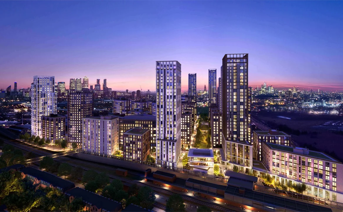 Twelvetrees Park London E16 Aerial Masterplan Night Canary Wharf