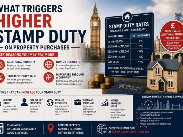 What triggers higher stamp duty on property purchases in London including second homes, high property values, and non UK buyers