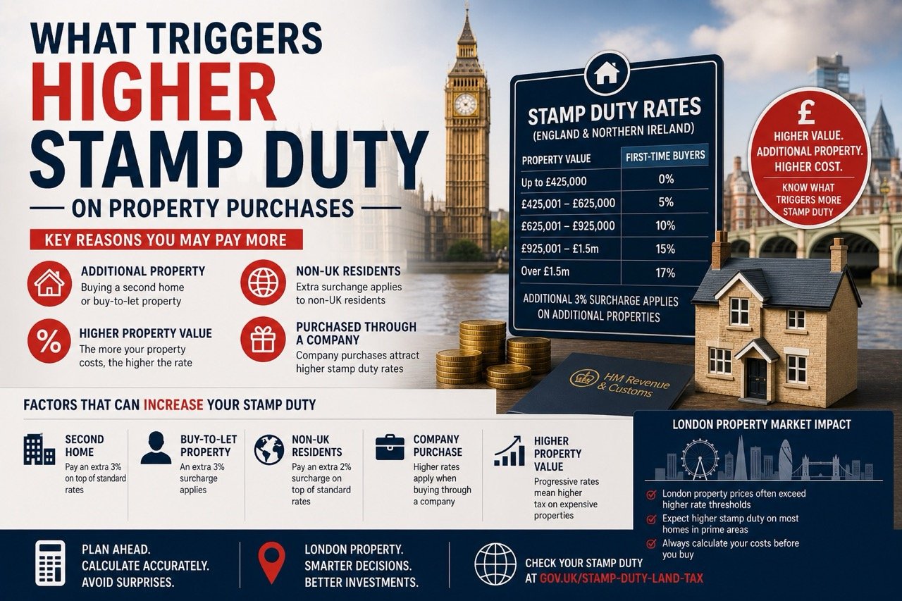 What triggers higher stamp duty on property purchases in London including second homes, high property values, and non UK buyers