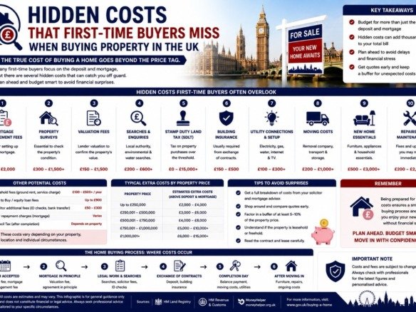 Hidden costs that first-time buyers miss when buying property in the UK including mortgage fees surveys stamp duty legal costs and moving expenses