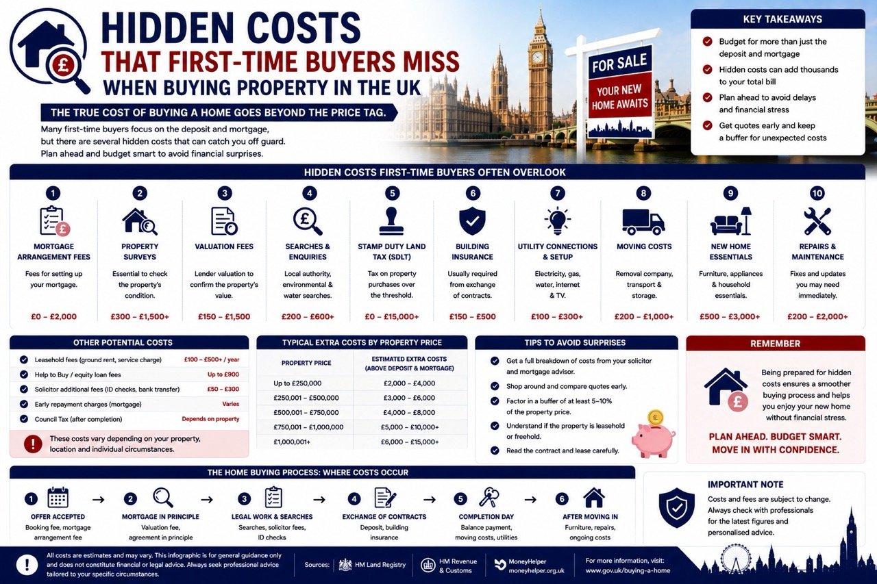 Hidden costs that first-time buyers miss when buying property in the UK including mortgage fees surveys stamp duty legal costs and moving expenses