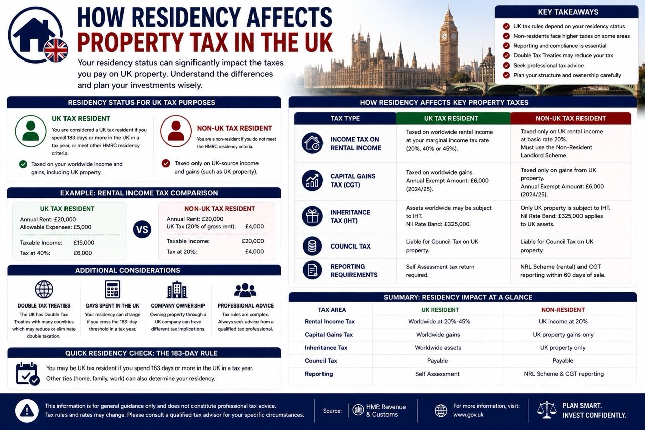 How residency affects property tax in the UK including tax residency rules rental income tax capital gains tax and non resident property taxes