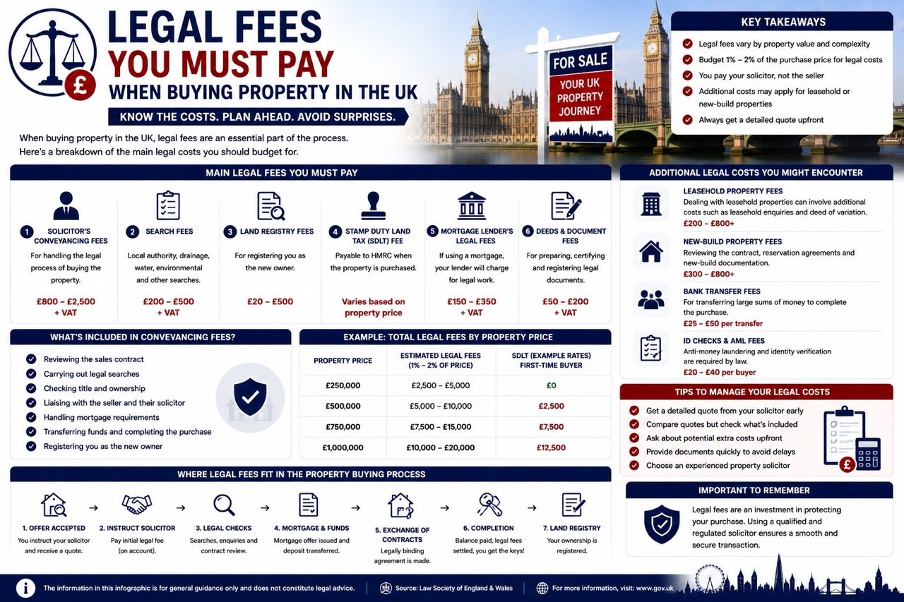 Legal fees you must pay when buying property in the UK including conveyancing fees land registry charges property searches and solicitor costs