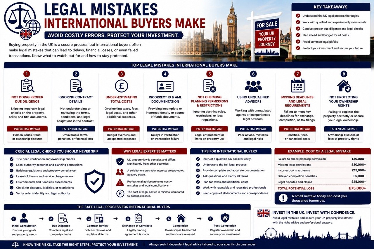 Legal mistakes international buyers make when buying UK property including due diligence contract reviews AML checks planning permissions and ownership registration