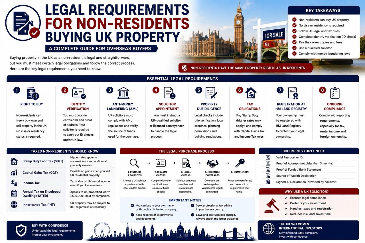 Legal requirements for non residents buying UK property including identity verification AML checks stamp duty and land registry registration