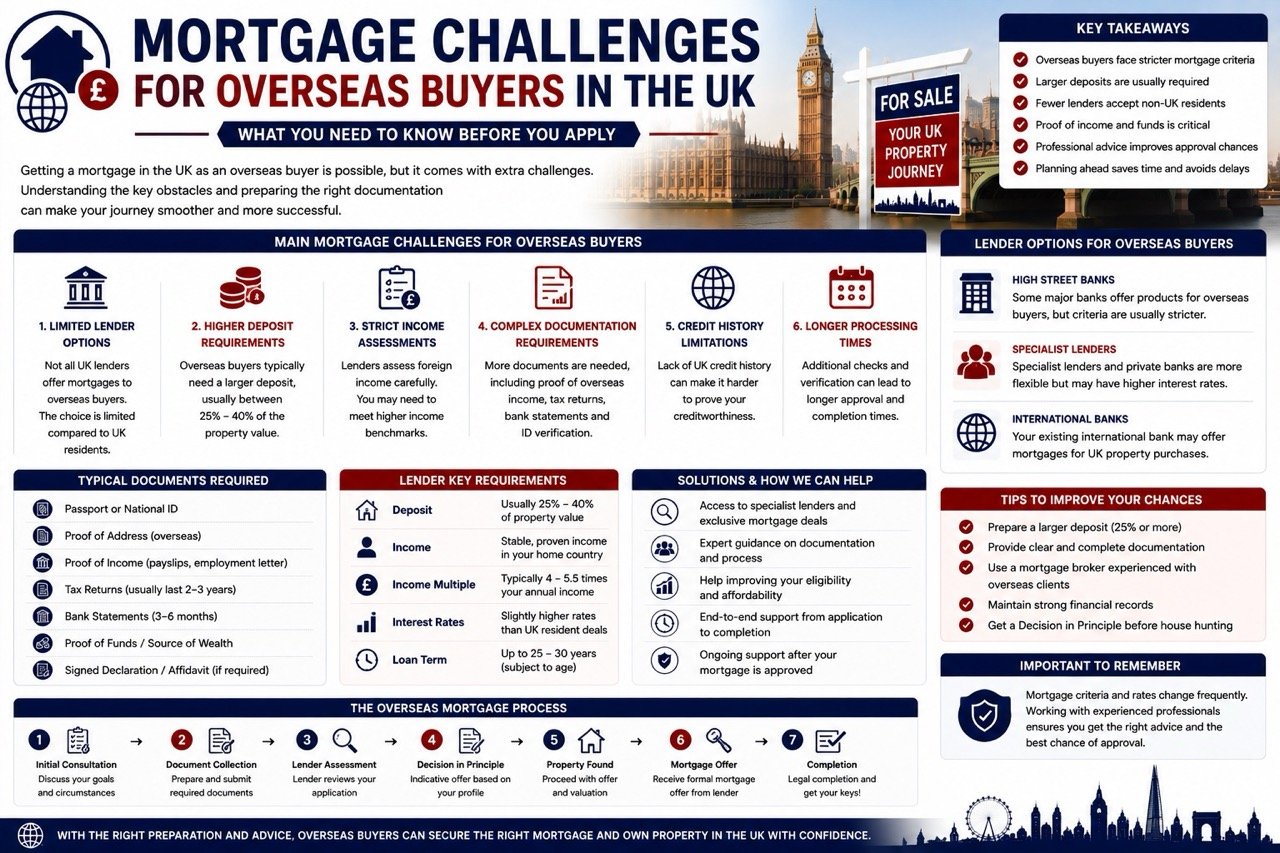 Mortgage challenges for overseas buyers in the UK including higher deposit requirements income checks documentation and lender criteria
